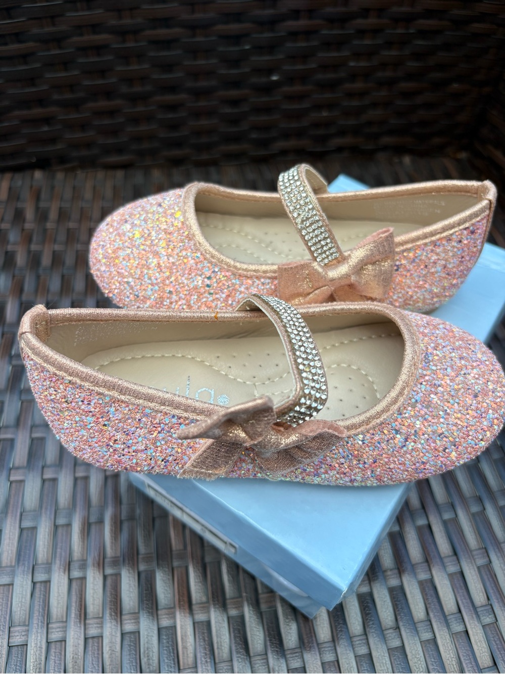 Girls Sparkle Pink Dress Shoes with Bow and Rhinestone Strap